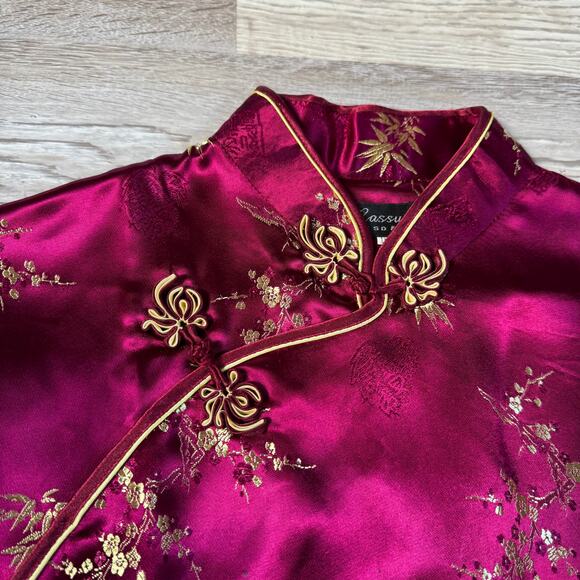 Vintage Cassure Pure Silk Burgundy Cheongsam Top Gold Embroidery Large - Picture 3 of 10